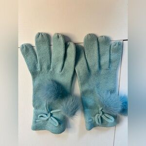 Light Blue Angora Wool Gloves With Fur Poms & Wrist Ties